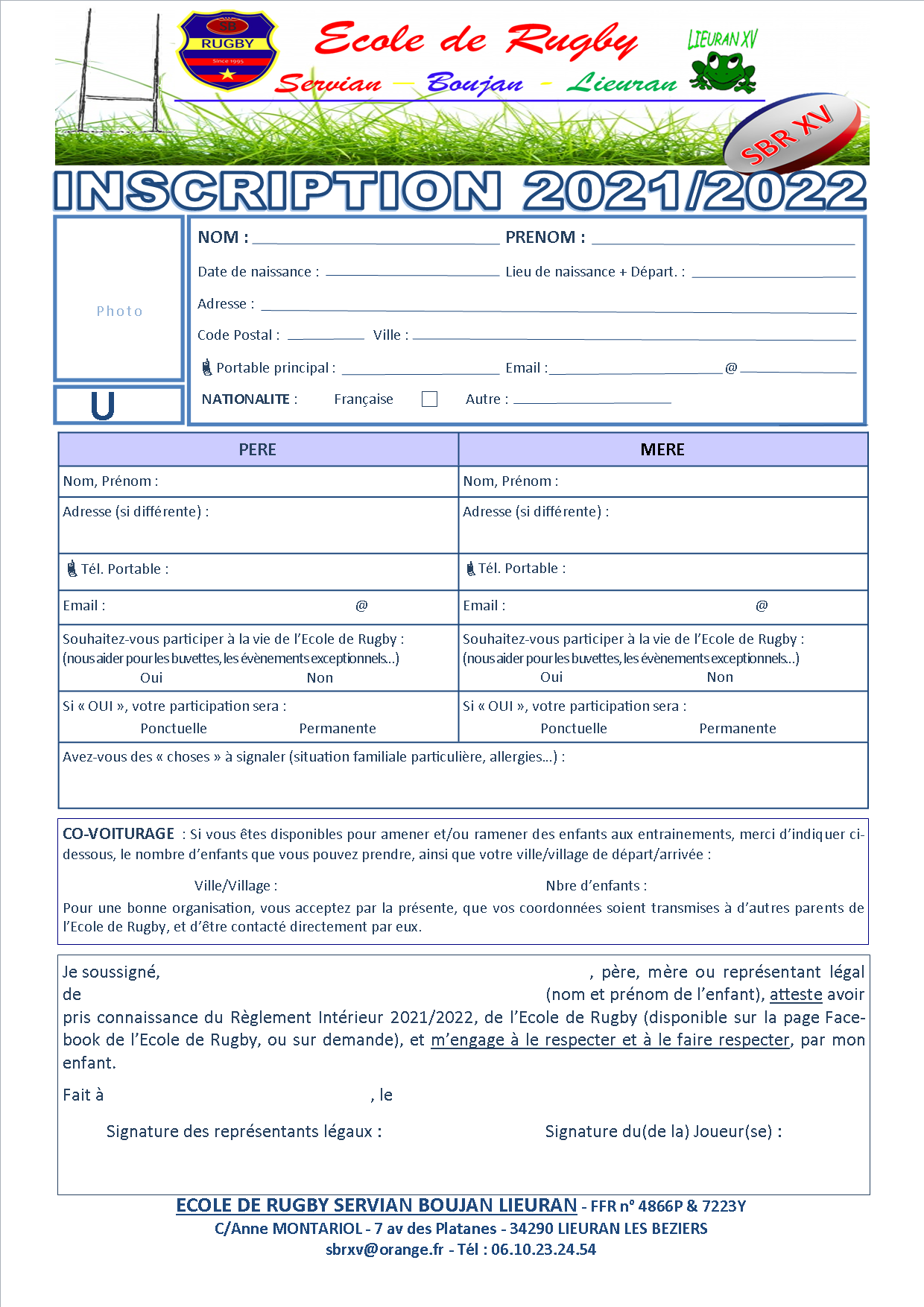 INSCRIPTIONS ou REINSCRIPTIONS A L’ECOLE DE RUGBY ou BABY RUGBY